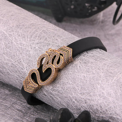 Eye-Catching Diamond OM Leather Belt Gold Plated Bracelet - Style A386 - AmazingBaba
